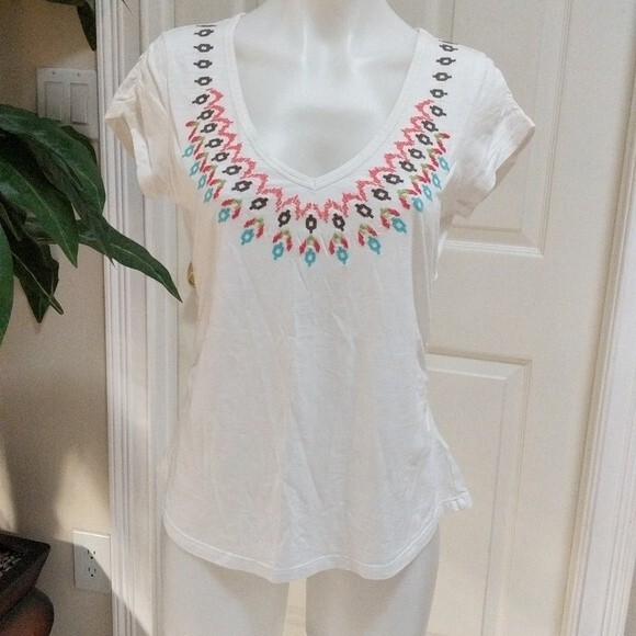 Athleta White Short Sleeve Top w/Ruching and Embroidery Size Small - Picture 1 of 11